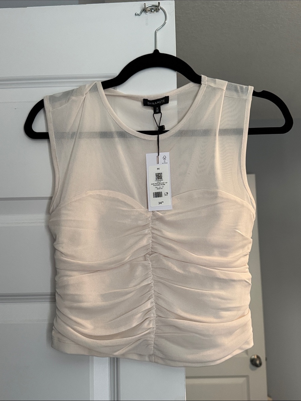 Dynamite Ruched Sleeveless Mesh Tank in Light Cream